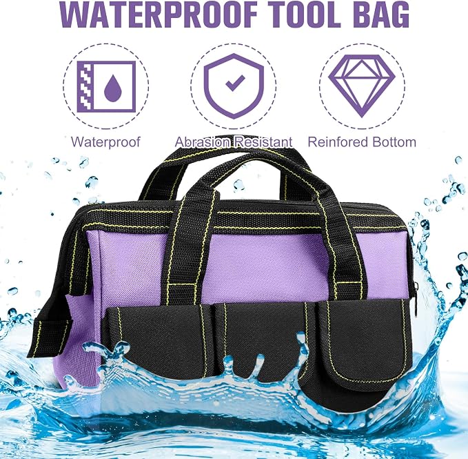 Sanwuta 3 Pack Tool Bag for Men with Waterproof Hard Bottom, Heavy Duty Tool Bag Wide Mouth Tote for Various Instrument, Electrician Carpenter Mechanic(Red, Pink, Light Purple,13 Inch,Classic)