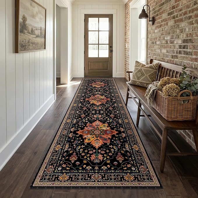 RELEANY Area Rugs Runner 2'6"x8' Washable Non-Slip, Floral Vintage Distress Medallion Carpet for Kitchen Hallway Bedroom Beside Laundry Room Bathroom, Black Colorful Floral Dark Tan