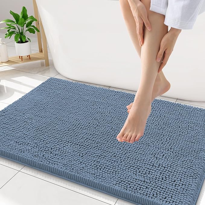 Smiry Luxury Chenille Bathroom Rugs 34x21, Extra Soft and Absorbent Shaggy Bath Mat, Machine Washable, Non-Slip Plush Carpet Runner for Tub, Shower, and Floor, Home Decor Accessories, Grayish Blue