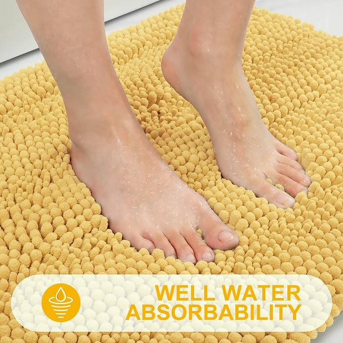 Grandaily Chenille Striped Bathroom Rugs 24x16, Extra Thick and Absorbent Bath Mats, Non-Slip Soft Plush Shaggy Shower Carpet, Machine Wash Dry, Bath Rug for Bathroom, (Small, Yellow)