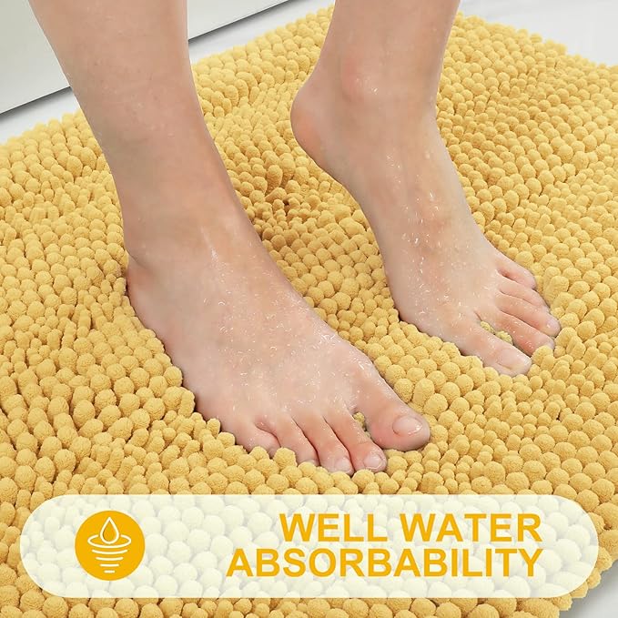 Grandaily Chenille Striped Bathroom Rugs 36x24, Extra Thick and Absorbent Bath Mats, Non-Slip Soft Plush Shaggy Shower Carpet, Machine Wash Dry, Bath Rug for Bathroom, (Large, Yellow)