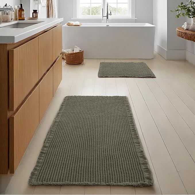 JIUZHEN Set of 2 Waffle Bath Mats Non Slip Waffle Bathroom Runner Rug Washable Boho Runner Bath Rugs Super Absorbent Shower Mat for Bathroom Kitchen Hallway Laundry, 16" x 24" +24" x 48", Olive Green