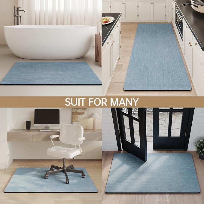 Mecko Bath Mat Rug, Rubber Non-Slip Quick Dry Absorbent Thin Bathroom Rugs Fit Under Door Bathroom Floor Mats-Shower Rug for in Front of Bathtub, Room Floor, Shower Room(Light Blue,20"x32")
