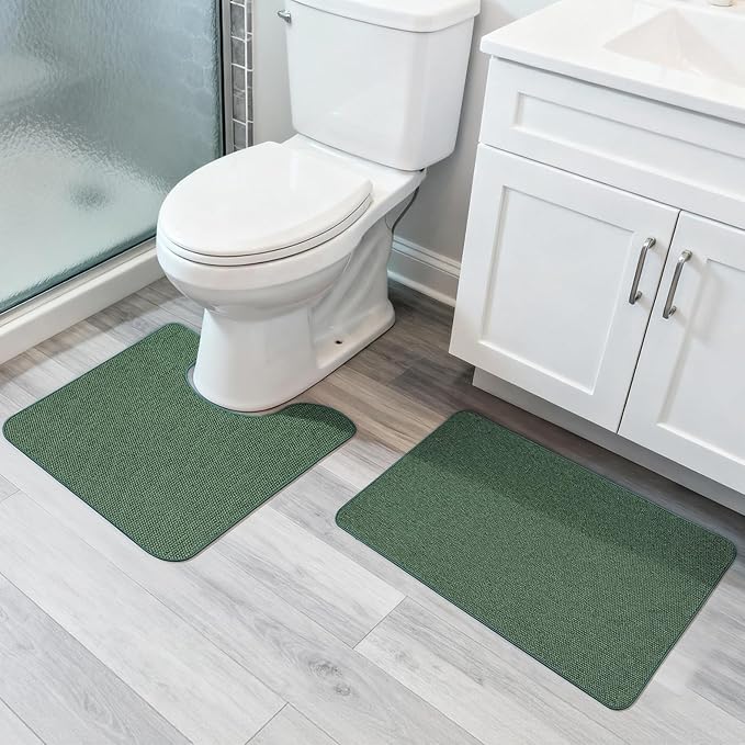 Bosap Bathroom Rugs Set 2 Pieces,Thin Bathroom Mats,Toilet Rugs,Quick Dry,Non-Slip,Machine Washable,Low Pile,Absorbent Bath Mats,Shower,Sink,Home Decor Accessories.Green,1'5"x2'3"+1'8"x2" U Shape