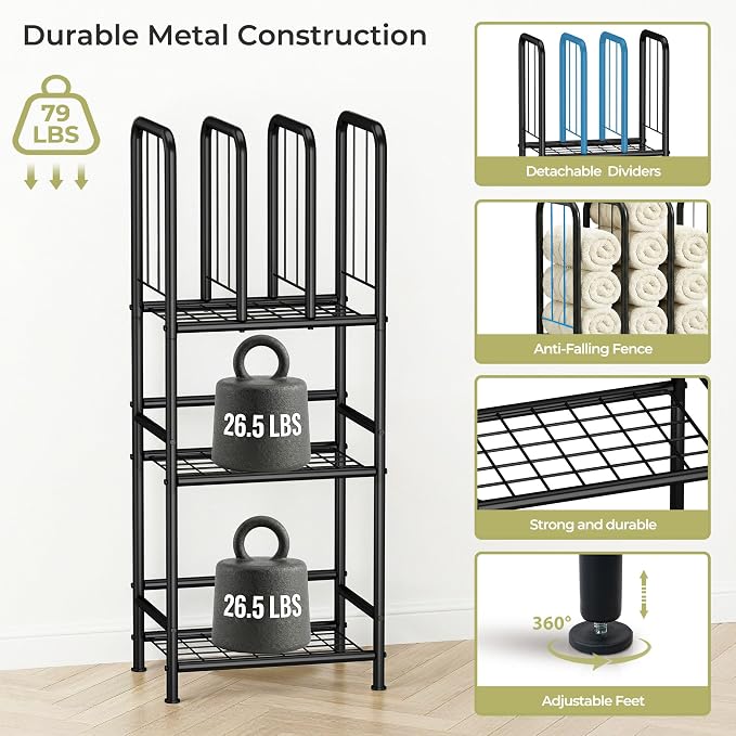 3 Tier Towel Racks for Bathroom with Dividers, Free Standing Metal Towels Holder Stand with Shelf, Towel Storage Organizer Bathroom Shelf, Metal Shelving Unit, Pool Towel Rack, Black