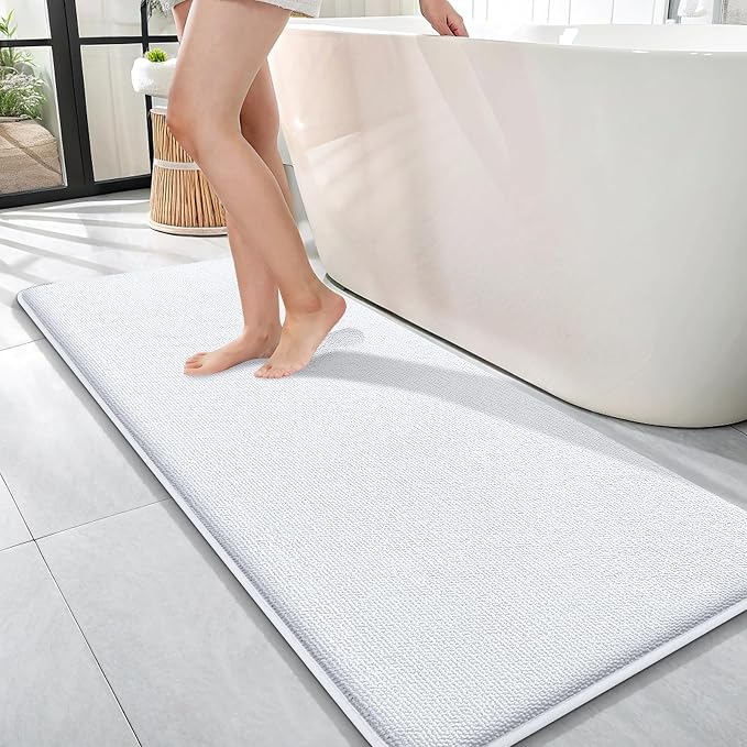 OLANLY Thick Memory Foam Bathroom Runner Rugs 47x17, Extra Soft Absorbent Long Bath Rug, Quick Dry Bath Mats, Non-Slip, Machine Washable Mat for Bathroom, Tub and Shower, Home Decor Accessories, White