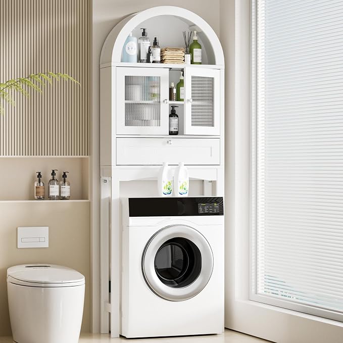 Spurgehom Over The Toilet Storage Cabinet, Bathroom Shelf Organizer Freestanding, Bathroom Arch Cabinet Over Toilet with Glass Door and Anti-Tipping Device, White