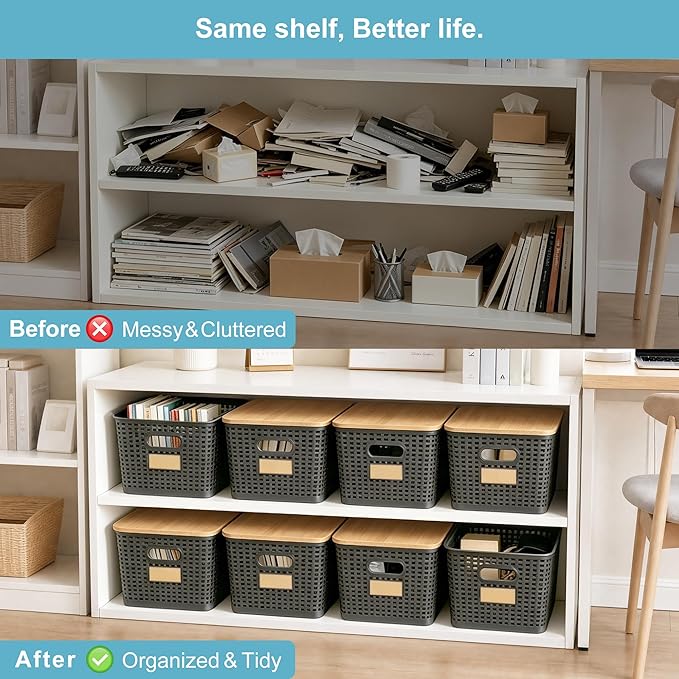 Bagnizer 2 Pack Tall Plastic Storage Bins with Bamboo Lids, 10.8qt Stackable Storages Baskets for Organizing Desktop Closet Playroom Classroom Office, 12"L x 8.3"W x 6.1"H, Gray