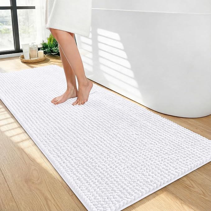 OLANLY Thick Bathroom Runner Rugs 44x24, Extra Soft Absorbent Chenille Bath Rugs, Rubber Backing, Machine Wash Dry, Long Bath Mats for Bathroom Floor, Tub and Shower, Home Decor Accessories, White