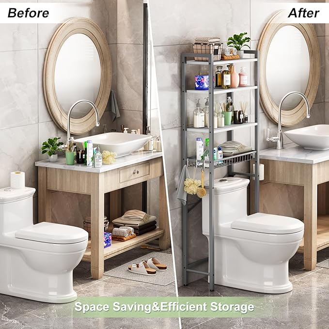 Kalrin Over-The-Toilet Storage Rack, 4-Tier Bathroom Organizer Shelf Over Toilet with Adjustable Shelf and Basket, Freestanding Space Saver Bathroom Shelves Above Toilet for Room (Gray- White)