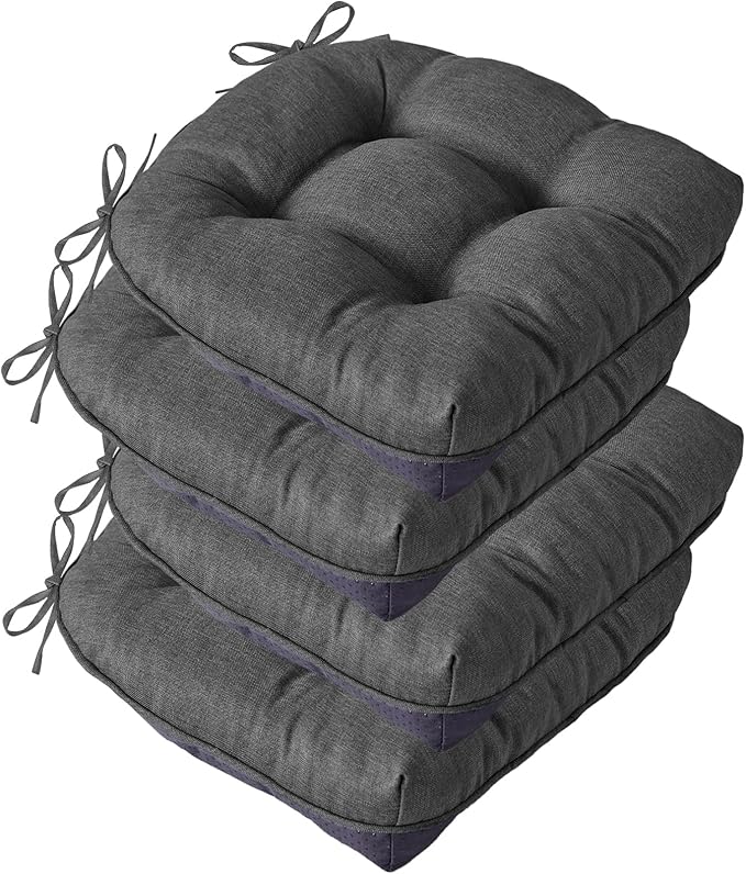 IASEAHK Chair Cushions for Dining Chairs, Seat Cushions for Kitchen Chairs, Indoor Seat Cushions with Ties, Tufted Foam Chair Pads, Non Slip Chair Cushions Set of 4, 15.5" x 15.5" x 4", Dark Grey
