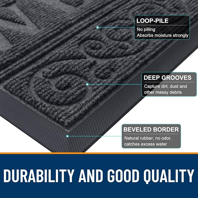 OLANLY Welcome Door Mat Indoor Outdoor Entrance, Heavy Duty Sturdy Front Door Mat, Waterproof All-Weather Doormat, Stain Resistant, Low Profile, Easy Clean Patio Entryway Mat, 47 x 24, Medium Grey
