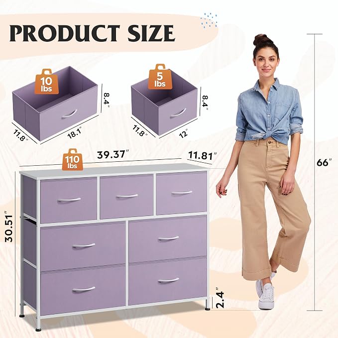 WLIVE 7 Drawer Dresser TV Stand, Entertainment Center, Media Console Table with Metal Frame and Wood Top for TV up to 45 inch, Chest of Drawers for Bedroom, Living Room, Purple