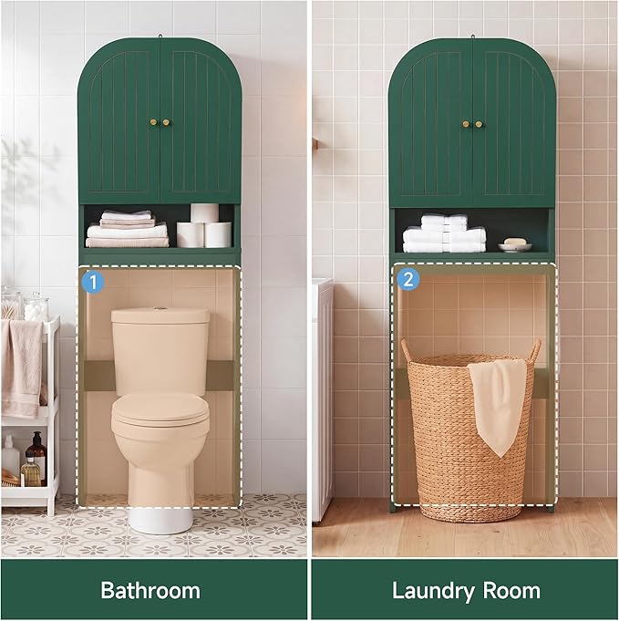 Over the Toilet Storage Cabinet, 70" Tall Bathroom Space Saver with Fluted Grooved Doors, Freestanding Over Toilet Organizer with Adjustable Shelves & Soft-Close Hinges for Small Bathrooms (Green)
