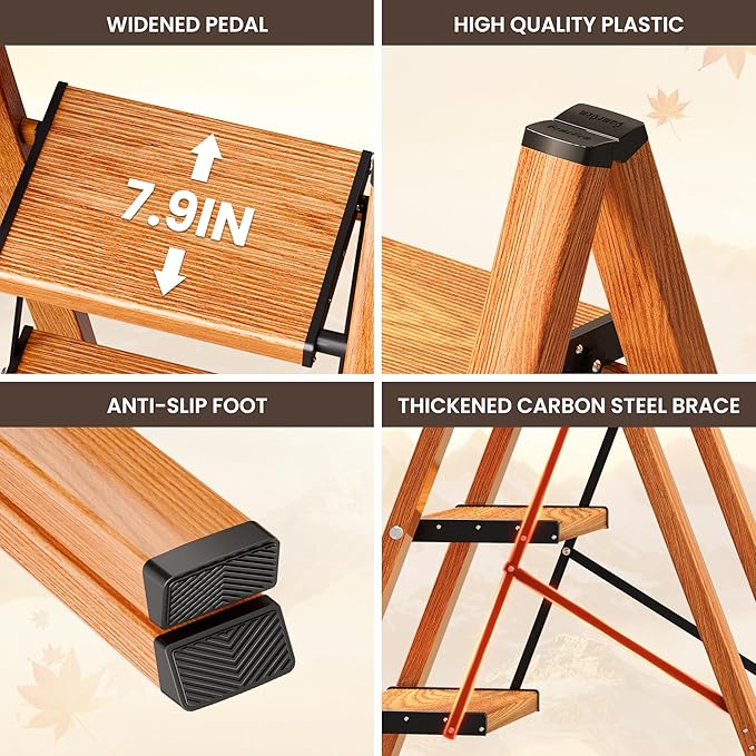 3 Step Ladder, Folding Step Stool with Anti-Slip Wide Pedal, Aluminum Material Lightweight Yet Sturdy, 300 Lbs Load, Cute Modern Apperance for Indoor Household Spaces