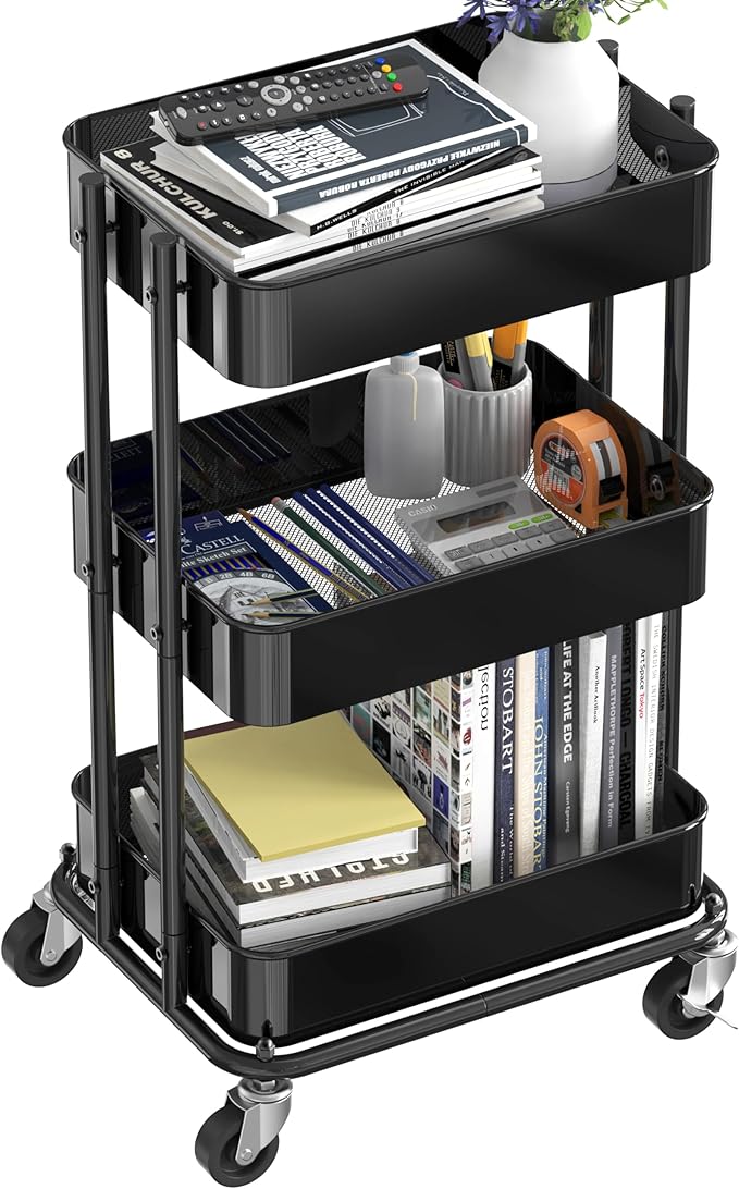 Simple Houseware 3-Tier Compact Utility Rolling Cart, Low 24” Height Fits Under Desk, Space-Saving Storage for Home Office, Dining Room, or Kitchen, Black