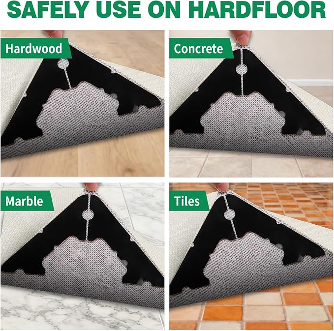 32 PCS Carpet Tape, Non Slip Rug Corner Pads for Hardwood Tile, No Residue | Reusable Removable Double Sided Adhesive,Secures Area Rug Corners,Fits Laminate LVP Floors,Rug Stickers,No Floor Damage
