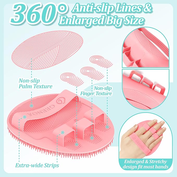 Silicone Back/Body/Face Scrubber & Lymphatic Contour Face Brush Set 4PCS, 13.4'' Soft Back Scrubber, 360° Anti-Slip Bath Glove, Unique Side-bristled Face Scrubber for All-Round Cleaning(Pink)