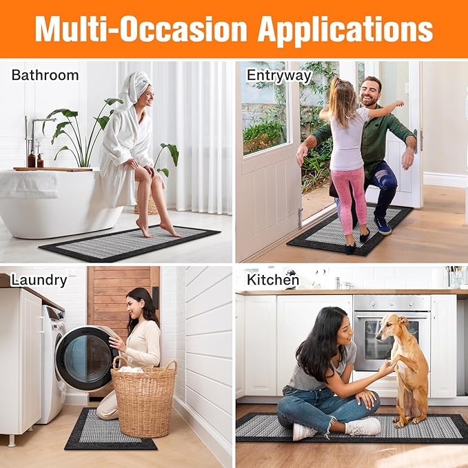 StepRite Kitchen Mats for Floor, Non-Slip Kitchen Rugs Set of 2 PCS, Super Absorbent Washable Kitchen Mats with Rubber Backing, Runner Mats for Front of Sink (20"x32"+20"x72" Black)
