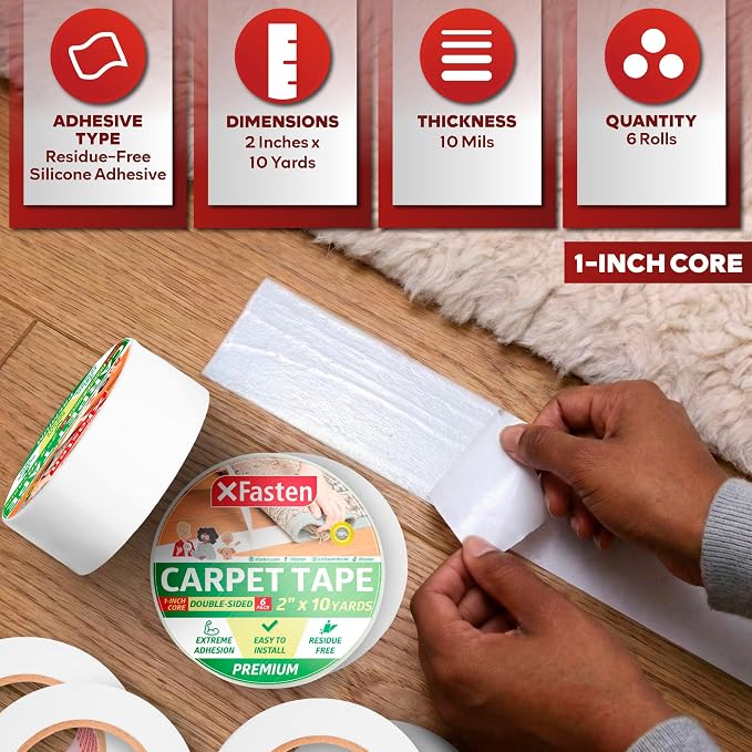 XFasten Double Sided Carpet Tape for Area Rugs - Heavy Duty Residue-Free Rug Tape for Area Rugs and Hardwood Floors, Indoor and Outdoor - 2 Inch by 10 Yards (6-Pack / 180-feet Total)