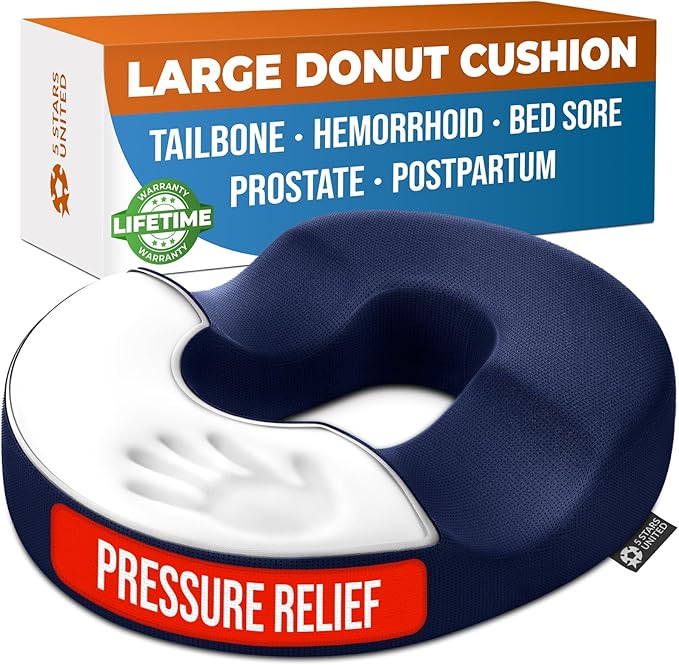 5 STARS UNITED Donut Pillow for Tailbone Pain & Hemorrhoids – Large Memory Foam Seat Cushion for Bed Sore-Prone Areas & Pressure Relief – Prostate, Postpartum & Pregnancy Support, Blue Mesh Cover