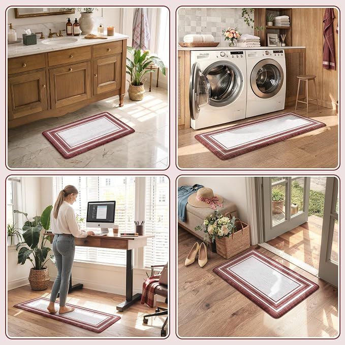 KIMODE Anti Fatigue Kitchen Mats for Floor 2 Piece, Christmas Farmhouse Kitchen Rugs, Padded Kitchen Floor Mats, Red Boho Standing Desk Mats for Laundry Room Decor Office Bathroom Sink 17"x47"+17"x29"