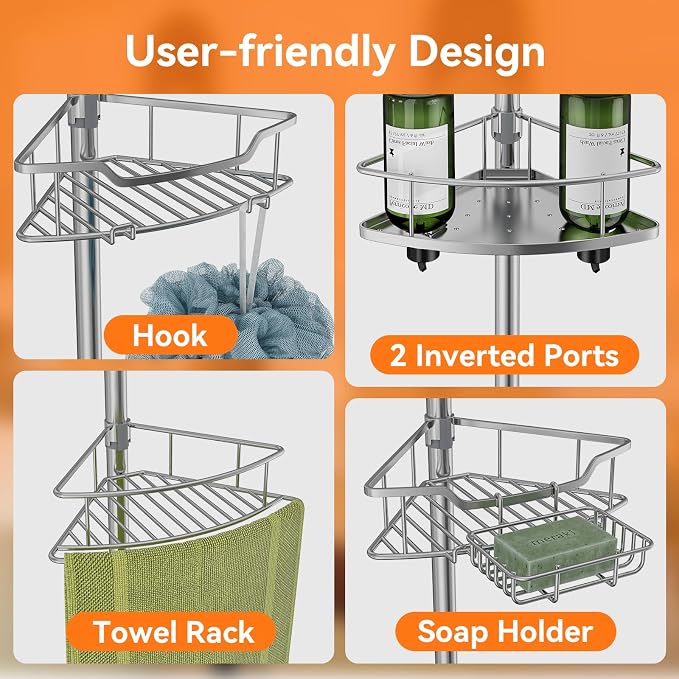 Corner Shower Caddy Tension Pole Rustproof, 4 Tier Adjustable Shower Organizer Tension Pole, 25-125 Inch Bathroom Shower Organizer for Bathtub Shampoo Storage, Silver