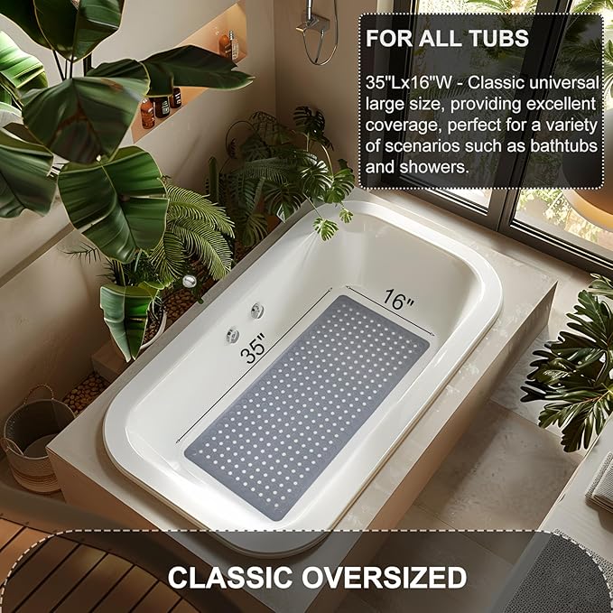 TEESHLY Bath Mat for Tub & Shower, Non Slip Soft Bathmat with Suction Cups & Drain Holes, Machine Washable Bathtub Floor Liner Mats for Bathroom, 35x16 Inch, Gray