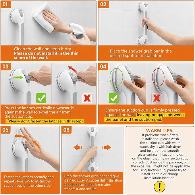 Shower Handle 1 Pack, 17 Inch Grab Bar for Bathtubs and Showers, Strong Suction Cup Safety Handrail for Seniors, Elderly, Injury Recovery, No Drilling Waterproof Bathroom Grip, Grey