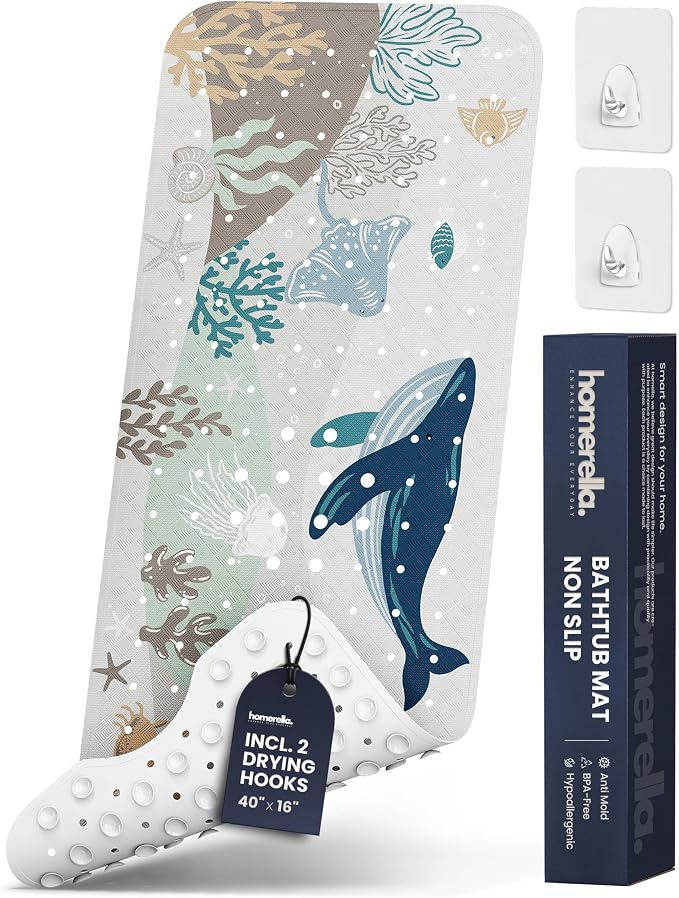 Bathtub Mat Non Slip Anti Mold for Kids 40x16 - homerella® Bath Mat for Tub, BPA Free, Incl. 2 Hooks, Washable Shower Mat Non Slip Anti Mold, Shower Mats for Inside Shower, EU Certified