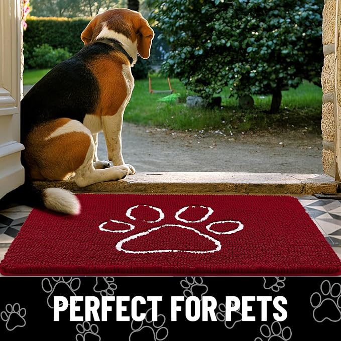 Smiry Dog Door Mat for Muddy Paws, Absorbent Dirt Trapper Non Slip Quick Dry Washable Chenille Mat for Mud Dogs, Entry Rug for Indoor and Outdoor (48x30 Inches, Red and White)