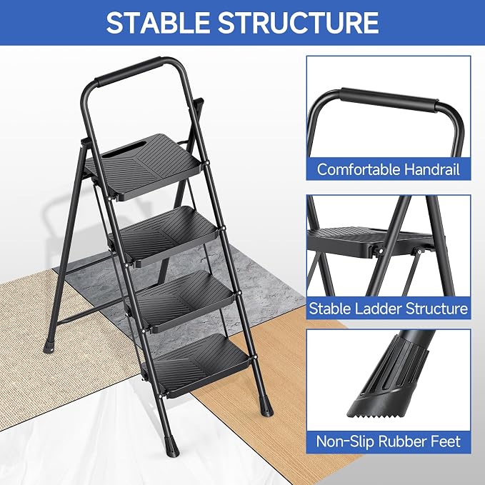 KINGRACK 4 Step Ladder, Folding Step Stool with Handrail, Safe-Lock Design and Wide Anti-Slip Pedals, 500 lbs Capacity Sturdy Steel Ladder for Home and Kitchen, Black