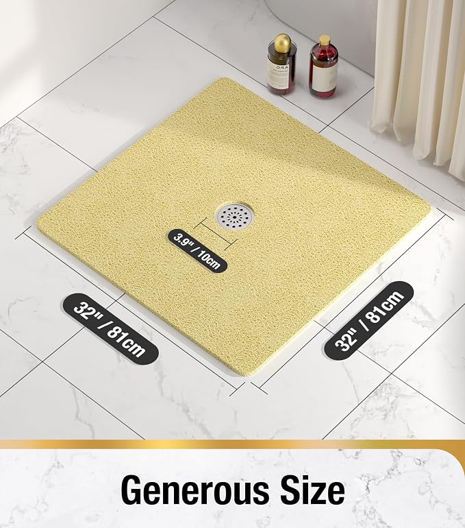 HITSLAM Square Shower Mat, 32 x 32 Inch Non Slip Bath Mat for Tub, Soft PVC Loofah Bathtub Mats with Drain Holes, Quick Drying Bathroom Stall Floor Mat, Bathroom Accessories Without Suction Cup, Beige