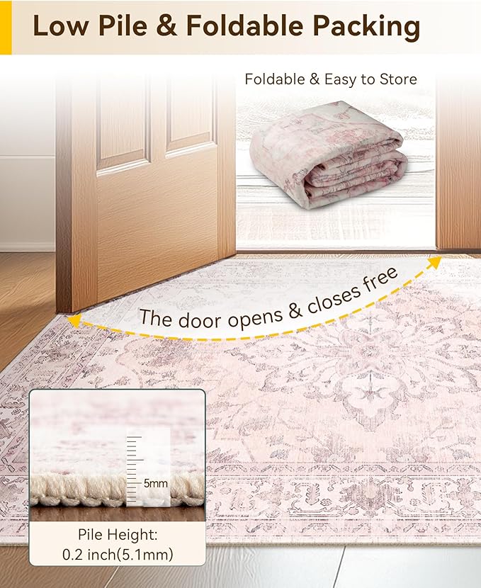 RELEANY Area Rugs Small 2'6"x4' Washable Non-Slip, Floral Vintage Distress Medallion Carpet for Kitchen Entryway Bathroom, Pink Greypink Cute