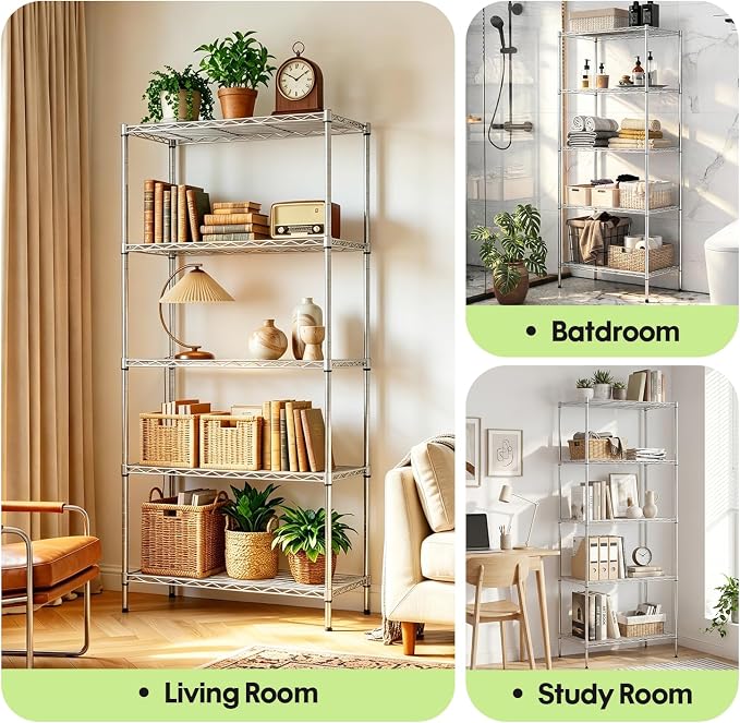 BestOffice | 5-Tier Wire Storage Shelves | 14 x 24 x 60 | Chrome | with Adjustable Racks | Metal Shelf, Holds Upto 500 lbs | No-Tool Assembly | Ideal for Home & Garage Shelving