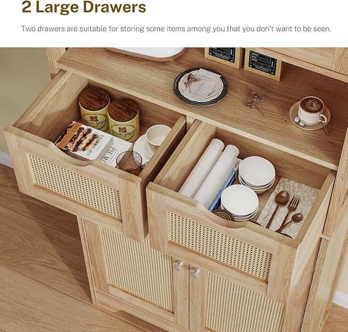 Iwell Tall Storage Cabinet with 2 Drawers & Adjustable Shelves, Rattan Cabinet, Kitchen Storage Cabinet, Pantry Cabinet with 4 Doors, Tall Cabinet for Living Room, Kitchen, Home Office, Natural