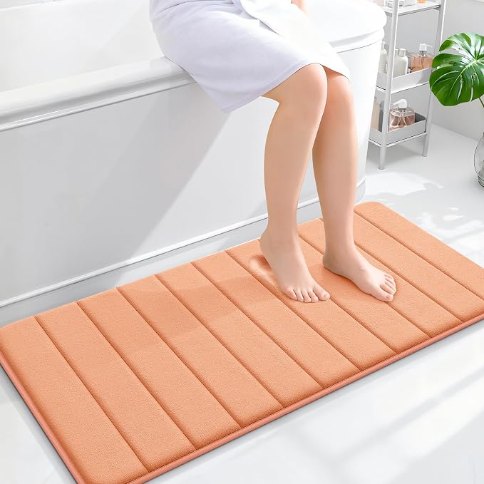 OLANLY Memory Foam Long Bathroom Rugs Runner 44x20, Super Soft Absorbent Bath Mat, Quick Dry, Machine Washable Shower Floor Rugs, Bathmat Carpet, Bathroom Home Decor Accessories, Peach