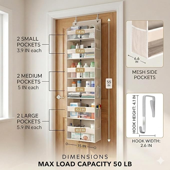 HOMELUX THEORY UPGRADED 6 Tiers Over The Door Organizer Hanging - 100D EXTRA THICK & 50lbs HUGE CAPACITY, 12 Side Mesh Pockets Over The Door Shoe Organizer, Hanging Closet Organizer (Ivory, 1pc)