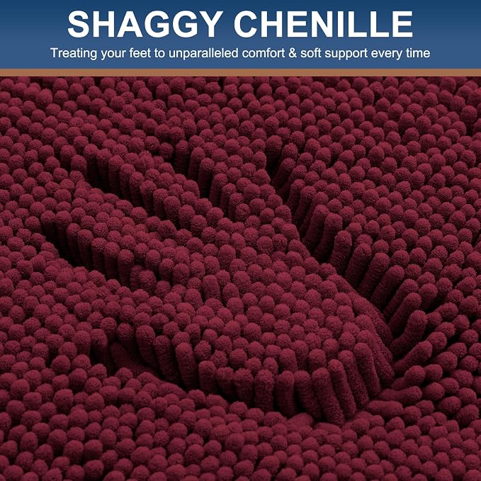 Smiry Luxury Chenille Bathroom Rugs 44x32, Extra Soft and Absorbent Shaggy Bath Mat, Machine Washable, Non-Slip Plush Carpet Runner for Tub, Shower, and Floor, Home Decor Accessories, Burgundy