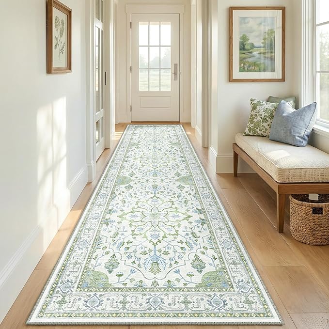RELEANY Area Rugs Runner 2'6"x8' Washable Non-Slip, Floral Vintage Distress Medallion Carpet for Kitchen Hallway Bedroom Beside Laundry Room Bathroom, Green White Blue