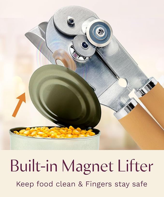 Premium Multifunction Magnetic Manual Can Opener and Bottle Opener, Heavy Duty Stainless Steel Sharp Cutting Blade and Oversized Easy Turn Knob, Soft-Touch Handle, Kitchen Use (Orange)