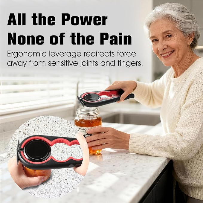 Jar Opener Bottle Opener, 5-in-1 Multi-Function Can Opener with Ergonomic Non-Slip Handle, Kitchen Tool Set for Weak Hands, Seniors with Arthritis, Red