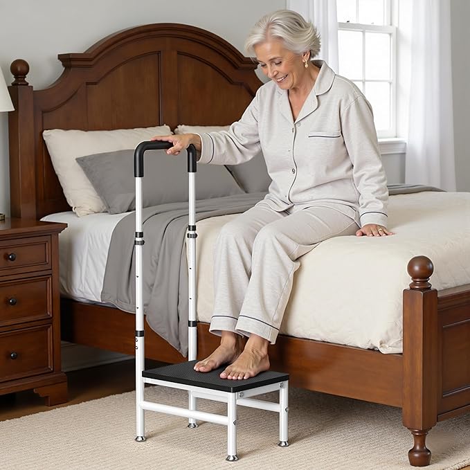 Step Stool with Handle for Adults and Seniors, Heavy Duty One Step Wooden Platform Stool with Adjustable Handrail, Wide Non Slip Footstool for Bedside, Bathroom and Home