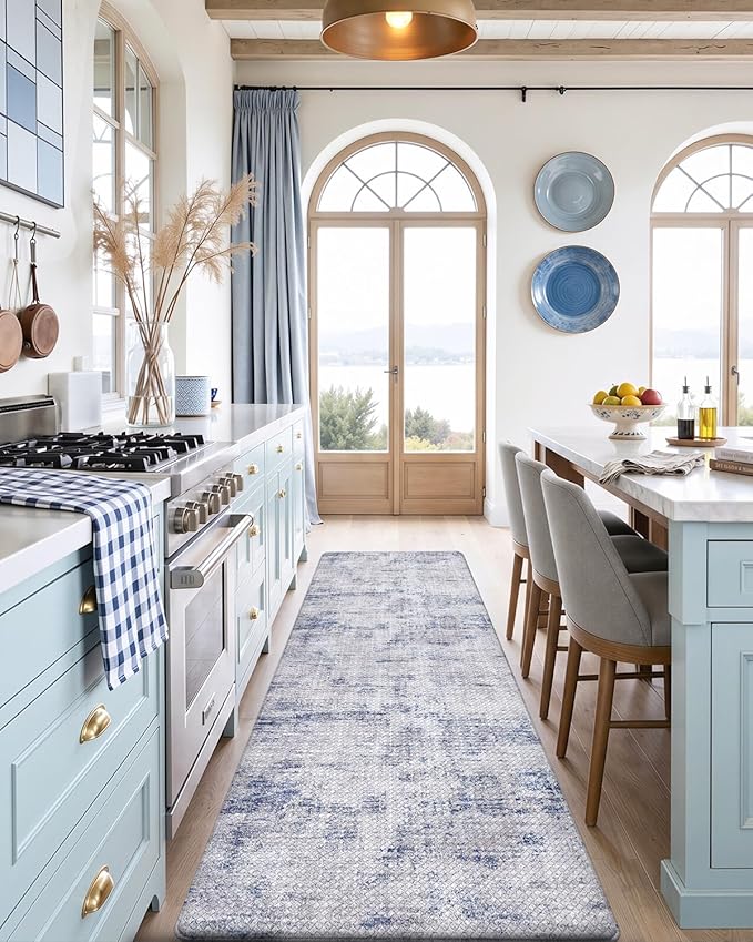 DEXI Kitchen Mats Cushioned Anti Fatigue, 23x86 Floor Padded Runner Rug Non Slip, Waterproof Standing Comfort Memory Foam for Front Sink Laundry, Blue