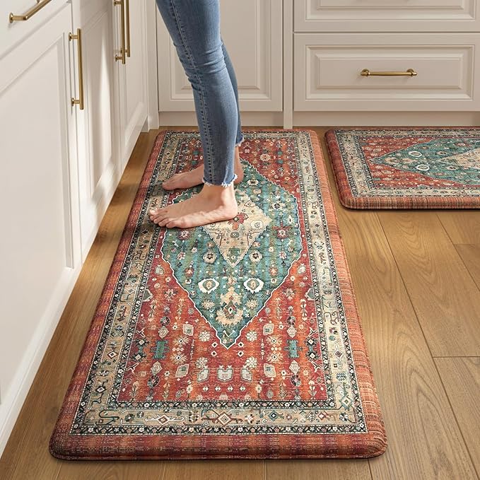 Collive Boho Kitchen Mats for Floor, Kitchen Mats Cushioned Anti Fatigue Waterproof Kitchen Rugs Sets of 2 Non-Skid Comfort Standing Mat for Kitchen, Office, Sink, Laundry, 20"x32"+20"x48"(Red)