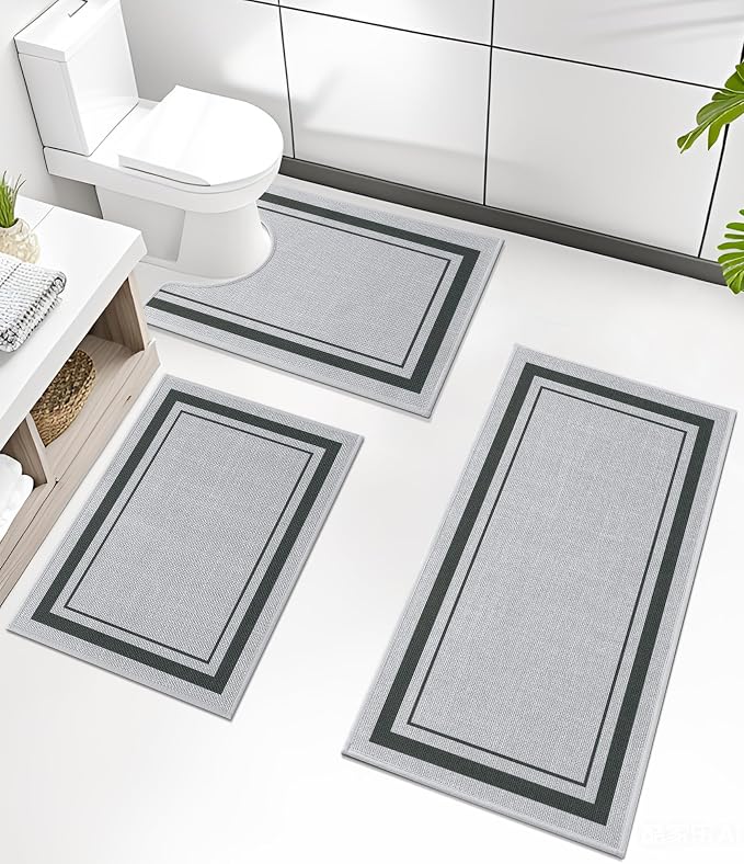 chakme 3 Piece Bathroom Rug Set, Ultra Thin Bath Mat, Absorbent, Non Slip, Machine Washable, Light Grey, 17" x 24" / 17" x 32" / 17.5" x 24" Geometric Design