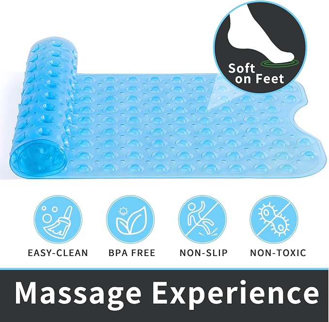 ROSMARUS Shower Mat Extra Long 16” x 39” Non-Slip Bath Mat for Tub with Suction Cups and Drain Holes Bathtub Mats for Kids, Baby, Bathroom Shower Floor Mat Anti Slip Bathtub Accessories, Blue