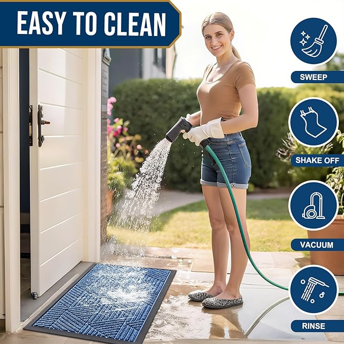 Smiry Front Door Mat Outside Entrance, Heavy Duty Sturdy Natural Rubber Doormat, Trap Dirt and Moisture, Easy Clean Low Profile Welcome Floor Mats for Indoor Outdoor Entry, 35X23 Inch, Blue