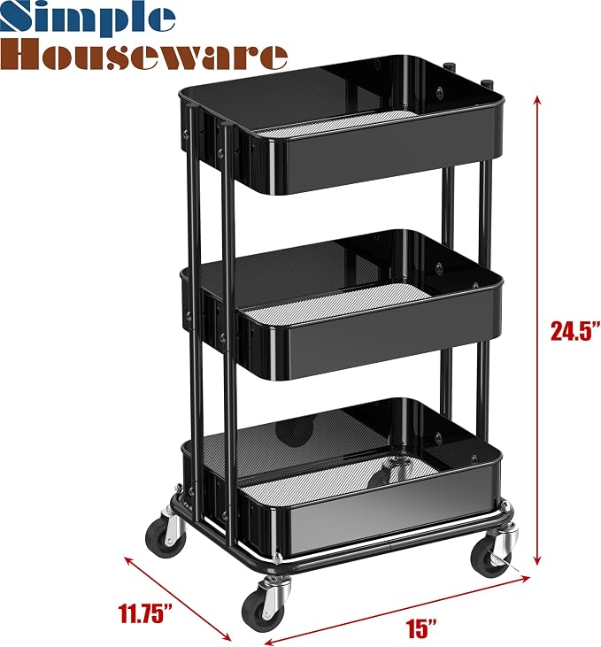 Simple Houseware 3-Tier Compact Utility Rolling Cart, Low 24” Height Fits Under Desk, Space-Saving Storage for Home Office, Dining Room, or Kitchen, Black