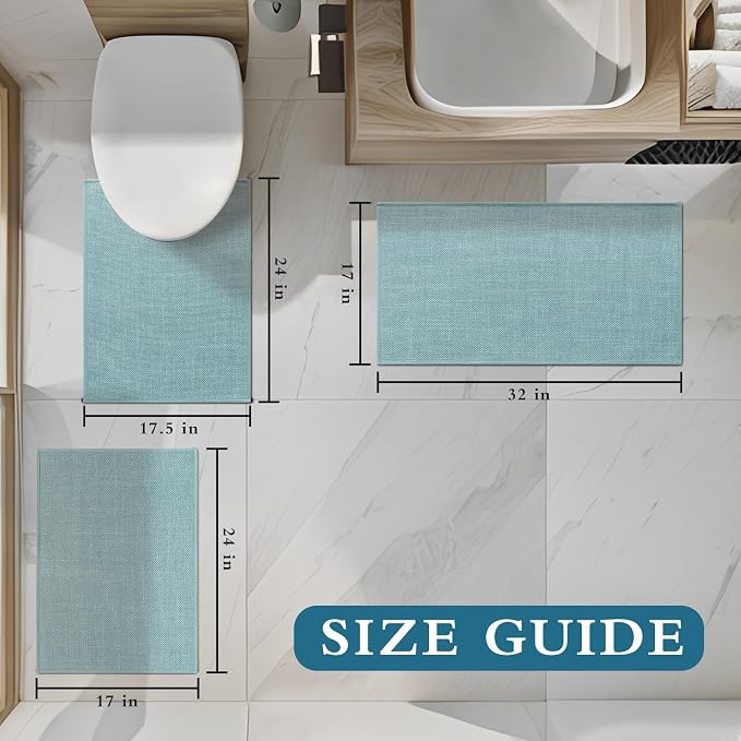 YIHOUSE Blue Bathroom Rug Sets 3 Piece, Bathroom Mat Quick Dry, Thin Bath Rug Set,Absorbent Bath Mat for Bathroom Non Slip Washable for Toilet and Floor